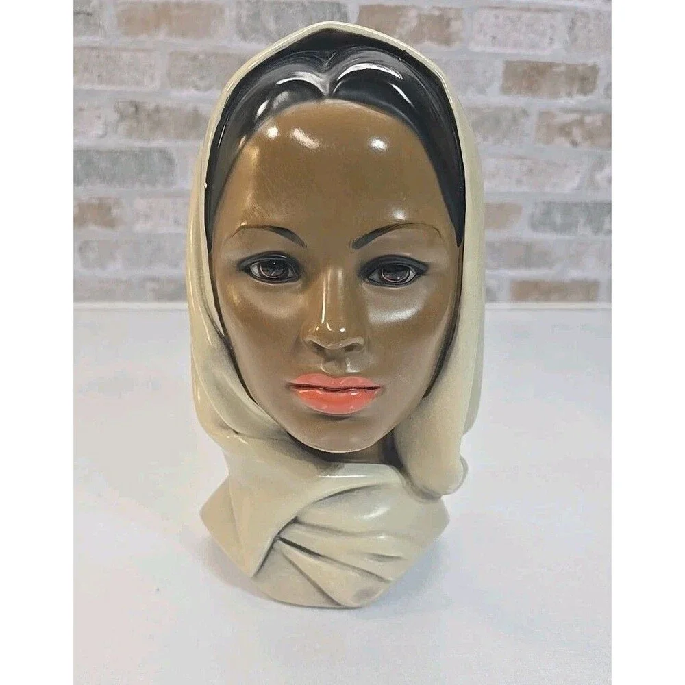Vintage Marwal Chalkware Bust Middle Eastern Woman with Scarf 60s Pakistan Hijab